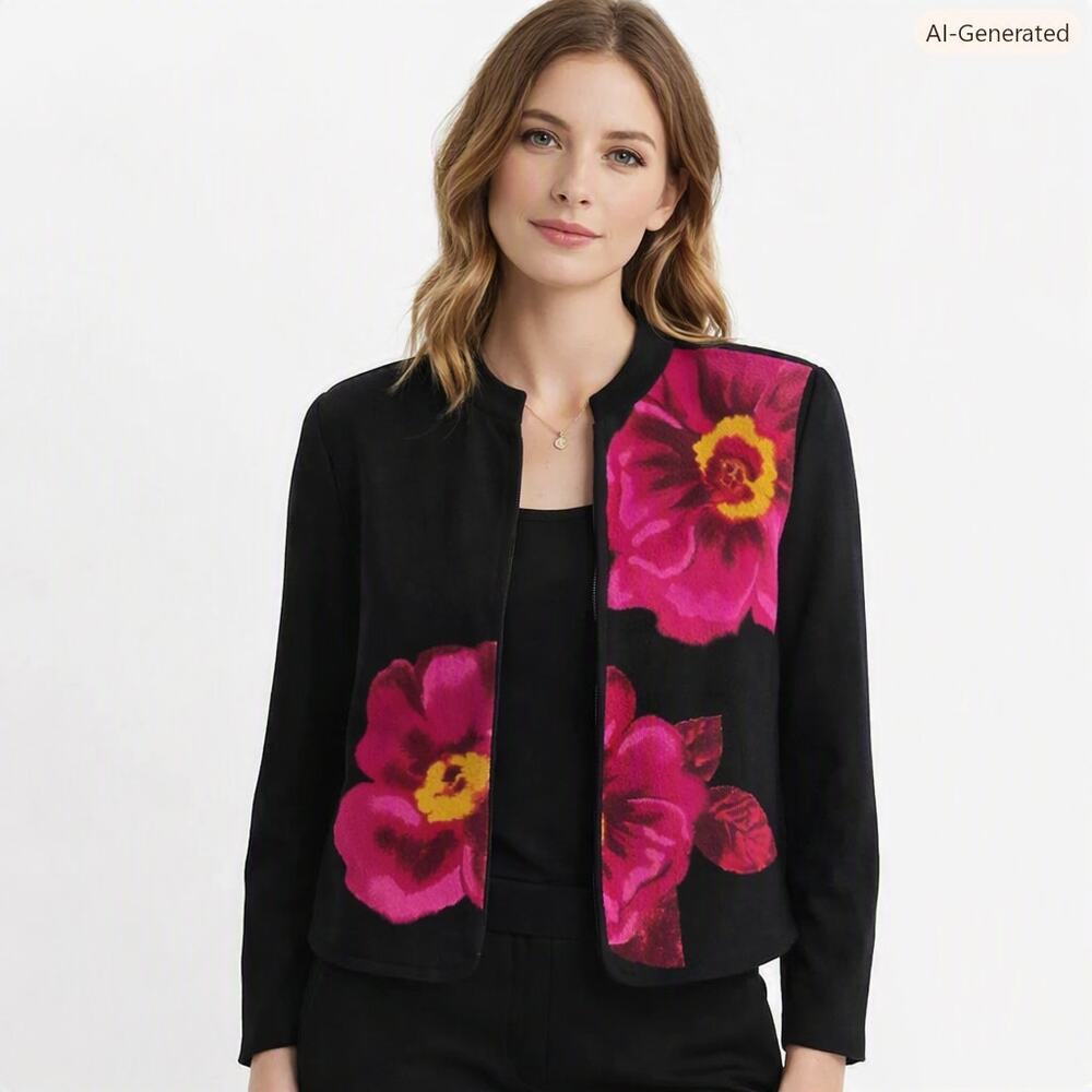Scott Taylor Black Bold Flower Open Blazer Jacket Sz LARGE Career Work Colorful